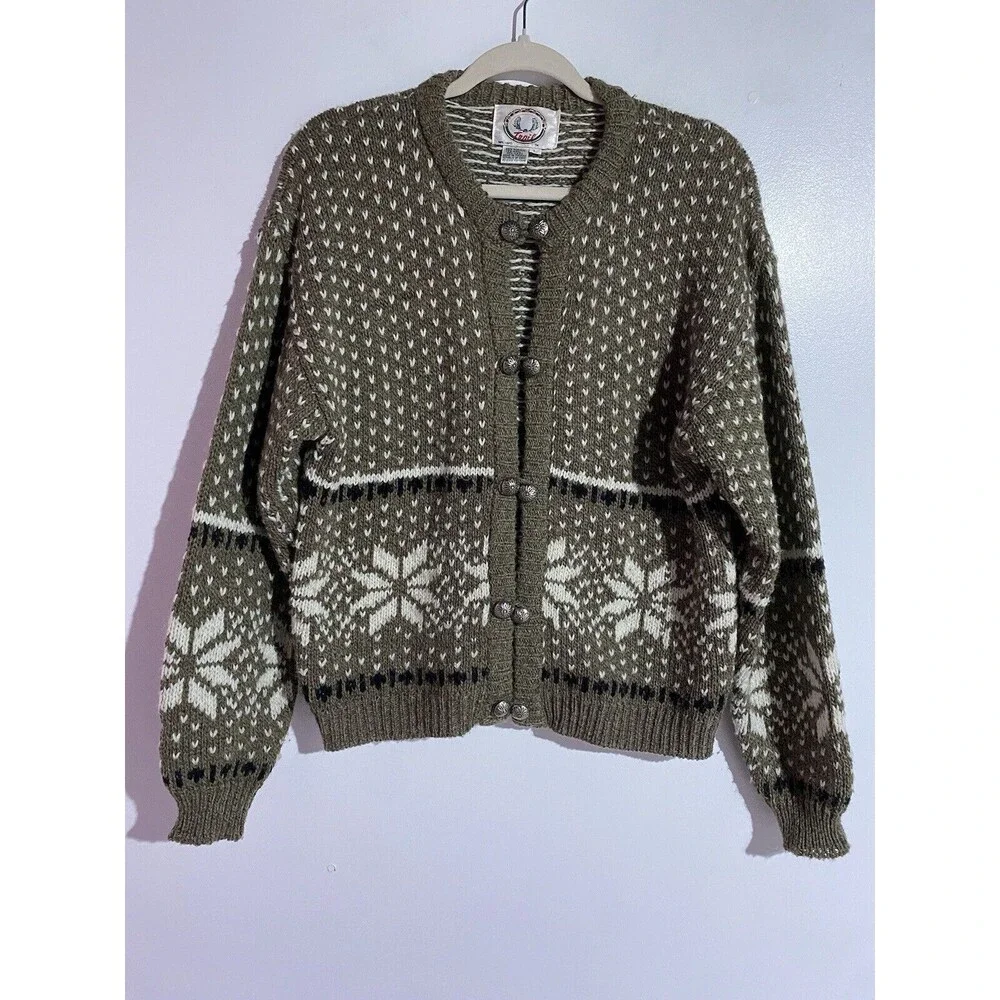 Vintage Catamount Trail Cardigan Sweater L Tan Wool Fair Isle Grandma‎ Cabincore